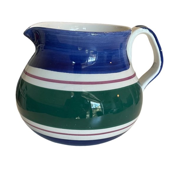 Furio Ceramic Pitcher Hand Painted ITALY Blue, Green, White, Maroon Stripes - Picture 1 of 3